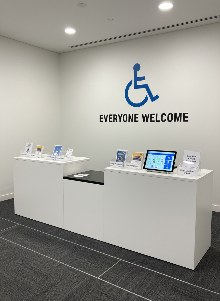 An information desk setup for an accessible event, featuring a long, matte white counter with a clearly lowered accessible section in the center, under bright but diffused indoor lighting. High-contrast printed materials, large-print schedules, and braille event programs are neatly arranged in labeled trays, alongside a tablet displaying an easy-read event map with bold icons. Behind the desk, a clean wall bears a large, simple accessibility symbol and the words “Everyone Welcome” in clear sans-serif lettering. The floor is smooth, dark carpet with a subtle pattern for orientation. Photographic realism, shot from a slightly elevated angle with balanced composition, conveys a calm, organized, professional atmosphere, emphasizing inclusive information access at New Zealand events, with no people present anywhere in the frame.