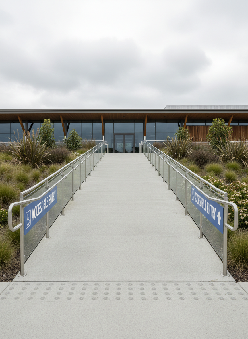 A wide, gently curving entrance ramp constructed from smooth, light-grey concrete with a fine, non-slip textured surface, leading up to a modern New Zealand event venue. Stainless-steel handrails with rounded edges run along both sides, interrupted by clear, high-contrast directional signage indicating accessible entry. The surrounding landscaping features native grasses and low shrubs, carefully trimmed and evenly spaced. Soft overcast daylight creates even, shadow-free illumination, highlighting tactile paving at the ramp’s base and top. Captured at eye level in photographic realism, with a deep depth of field that keeps the entire ramp and doorway in crisp focus. The mood is welcoming and professional, emphasizing universal access and thoughtful design without any human subjects present.