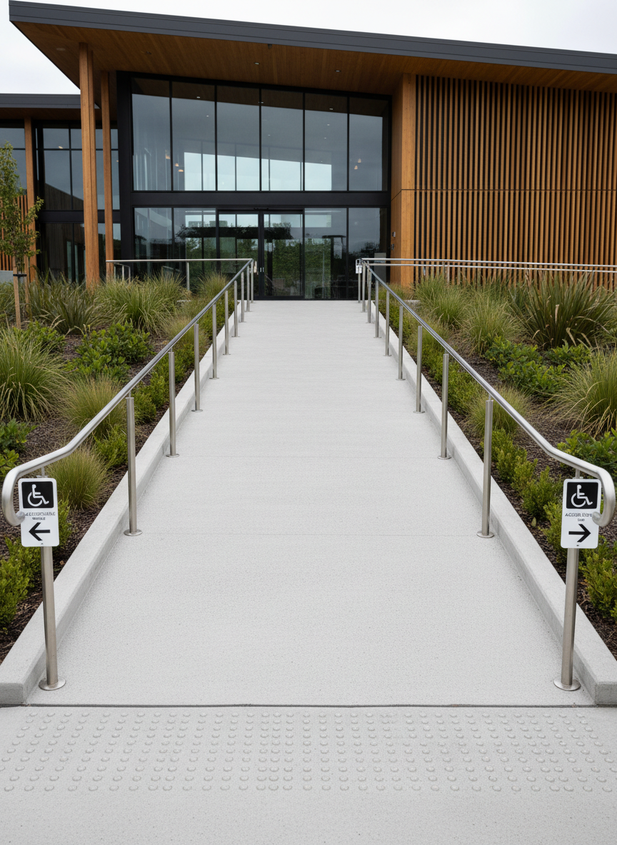 A wide, gently curving entrance ramp constructed from smooth, light-grey concrete with a fine, non-slip textured surface, leading up to a modern New Zealand event venue. Stainless-steel handrails with rounded edges run along both sides, interrupted by clear, high-contrast directional signage indicating accessible entry. The surrounding landscaping features native grasses and low shrubs, carefully trimmed and evenly spaced. Soft overcast daylight creates even, shadow-free illumination, highlighting tactile paving at the ramp’s base and top. Captured at eye level in photographic realism, with a deep depth of field that keeps the entire ramp and doorway in crisp focus. The mood is welcoming and professional, emphasizing universal access and thoughtful design without any human subjects present.