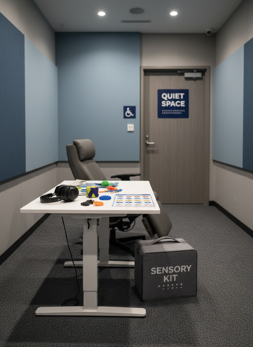 A quiet, dedicated accessibility services room inside a New Zealand event venue, furnished with a plush, low-pile charcoal carpet and soft, acoustically treated wall panels in muted blues and greys. A sturdy, height-adjustable white table stands centrally, next to a reclining, supportive chair and a compact sensory kit box labeled clearly in large text and braille. On the table, noise-cancelling headphones, tactile fidget tools, and a laminated communication board are neatly laid out. Warm, evenly distributed ceiling lighting reduces glare and harsh contrasts. A closed door with a high-contrast “Quiet Space” sign anchors the background. Photographic realism with an eye-level, centered composition and shallow depth of field creates a calm, reassuring, professional mood, highlighting event accessibility support without any human presence.