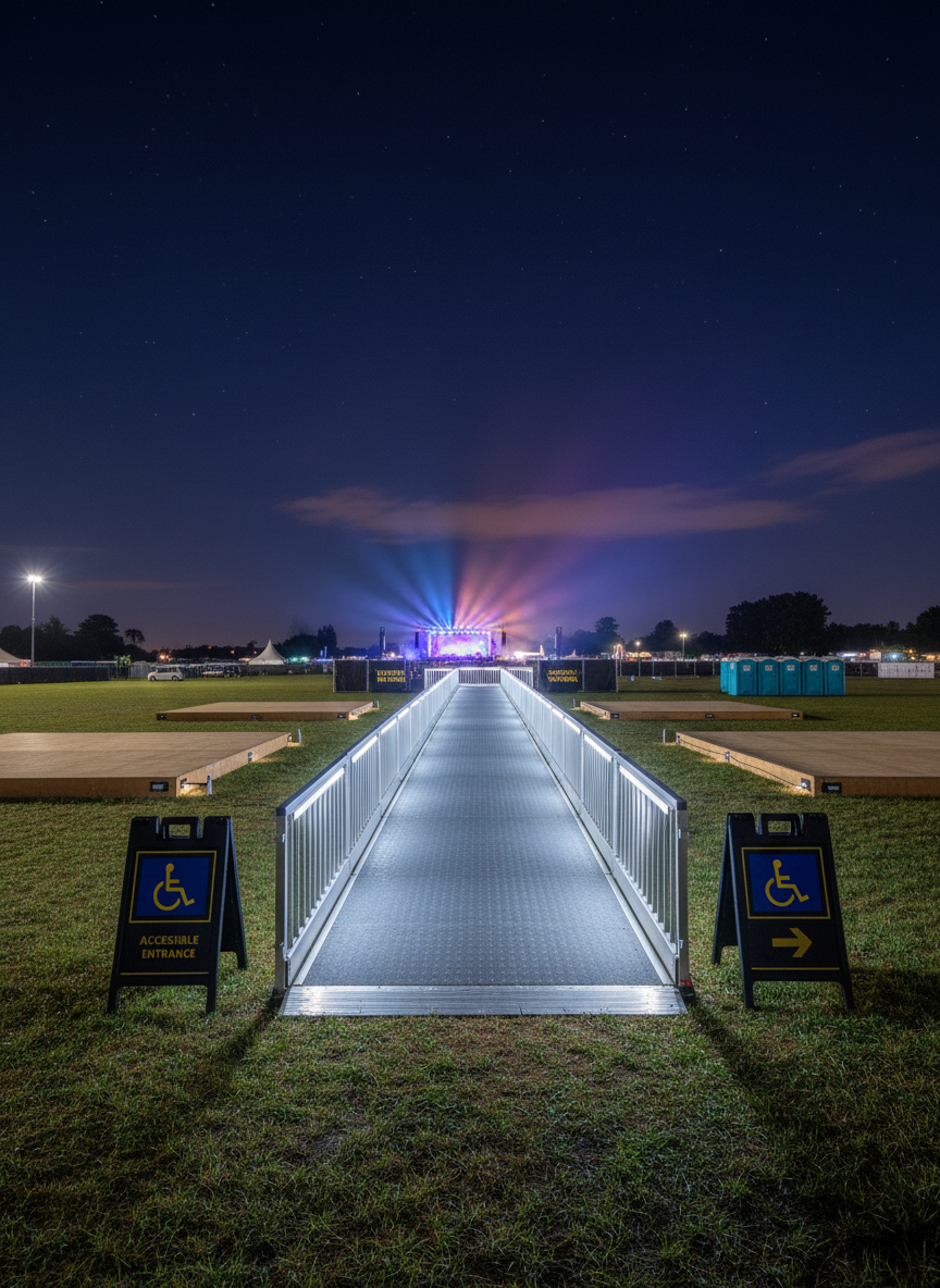 A night-time outdoor festival scene in New Zealand captured without crowds, focusing on accessibility features. A gently sloping, temporary aluminum ramp with anti-slip perforations spans over a grassy area toward a stage. LED strip lights line both edges of the ramp, casting a cool, even glow that clearly defines the path in the dark. At the ramp’s entrance, portable, high-contrast wayfinding signs display accessibility icons and directional arrows. The surrounding field is dotted with empty, clearly marked wheelchair viewing platforms and accessible portable toilets with large, illuminated signage. The sky is deep navy with a hint of stars, while distant stage lighting adds a subtle color wash. Photographic realism, shot from a slightly elevated wide angle, creates a confident, welcoming, well-planned atmosphere, showcasing large-scale event accessibility at night with no people visible.