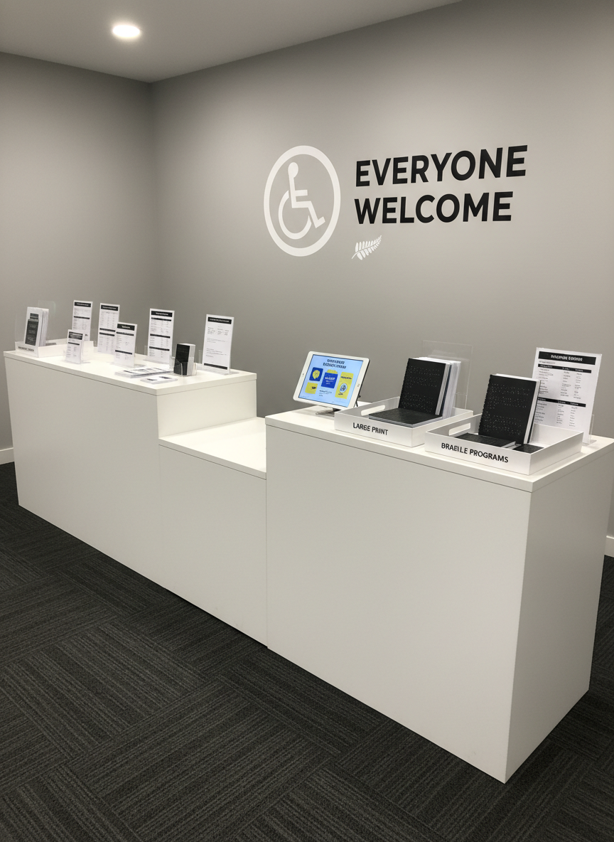 An information desk setup for an accessible event, featuring a long, matte white counter with a clearly lowered accessible section in the center, under bright but diffused indoor lighting. High-contrast printed materials, large-print schedules, and braille event programs are neatly arranged in labeled trays, alongside a tablet displaying an easy-read event map with bold icons. Behind the desk, a clean wall bears a large, simple accessibility symbol and the words “Everyone Welcome” in clear sans-serif lettering. The floor is smooth, dark carpet with a subtle pattern for orientation. Photographic realism, shot from a slightly elevated angle with balanced composition, conveys a calm, organized, professional atmosphere, emphasizing inclusive information access at New Zealand events, with no people present anywhere in the frame.