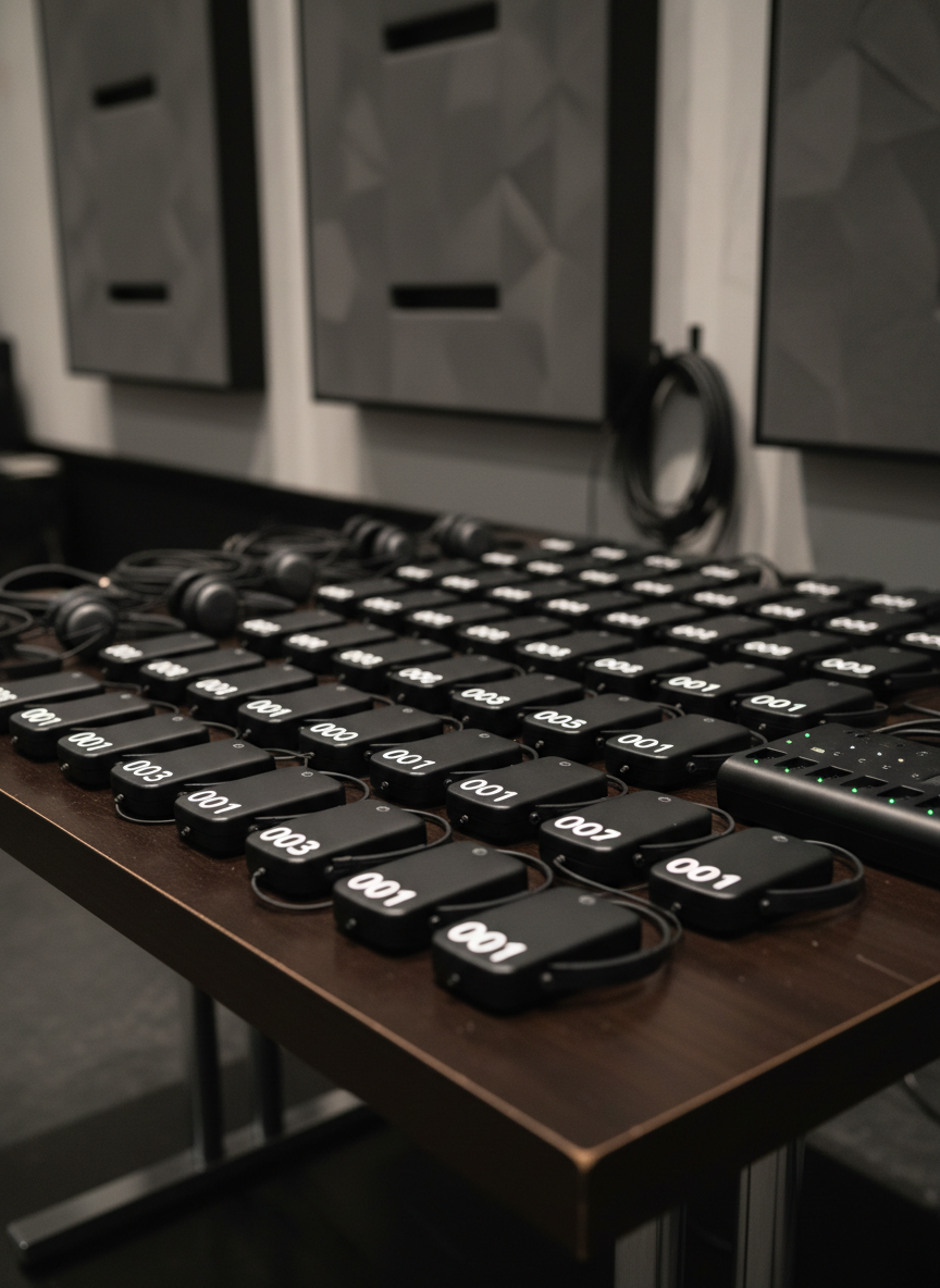 An array of assistive listening devices meticulously arranged on a dark wooden table backstage at a New Zealand conference venue. Sleek black receivers with softly rounded edges are lined up in a precise grid, each paired with lightweight over-ear headsets and individually numbered in bold white text for easy identification. Beside them, a compact charging station glows with small green indicator lights. The scene is lit by focused but soft overhead spotlights, creating gentle reflections on the devices without harsh glare. In the blurred background, soundproofed wall panels and neatly coiled audio cables hint at the professional production environment. Captured in photographic realism from a low, close-up angle with shallow depth of field, the mood is efficient, technical, and reassuringly well-organized, emphasizing the behind-the-scenes infrastructure of event accessibility.